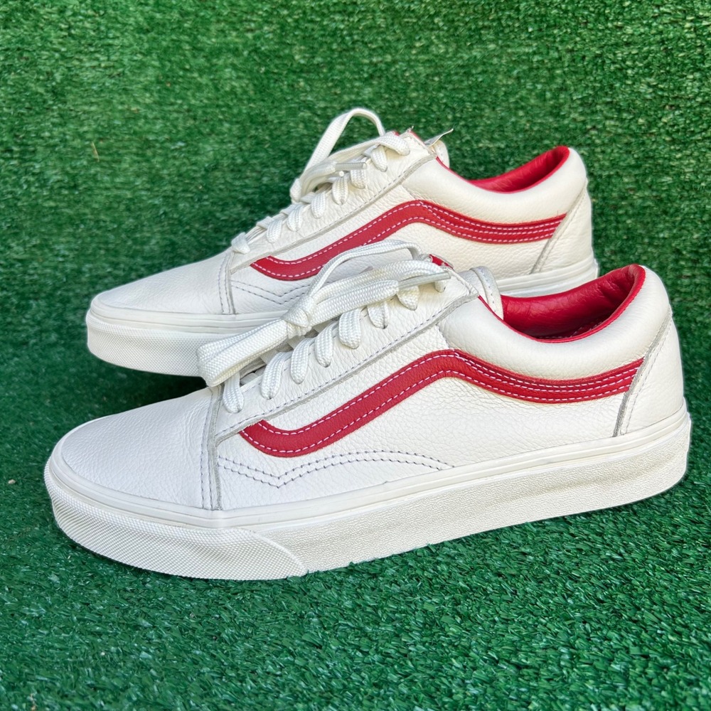 Vans Old Skool White Tumbled Leather Red Stripe Low Top Sneakers 507452 Mens 8